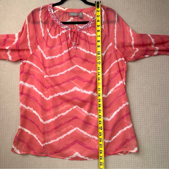 Chicos Semi Sheer Long Sleeve Tunic Top Womens Size 2 (large) Beaded Pink/Orange - Picture 13 of 13